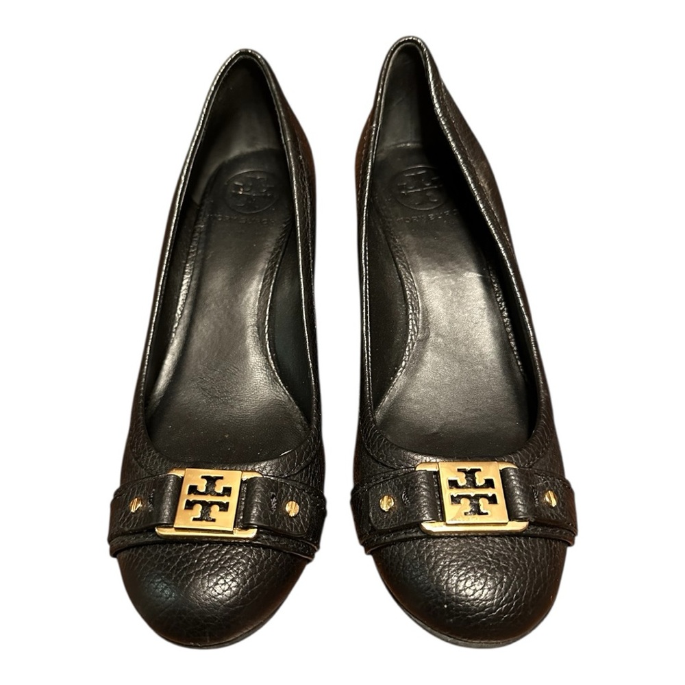 Tory Burch Black Wedges with Gold Accents